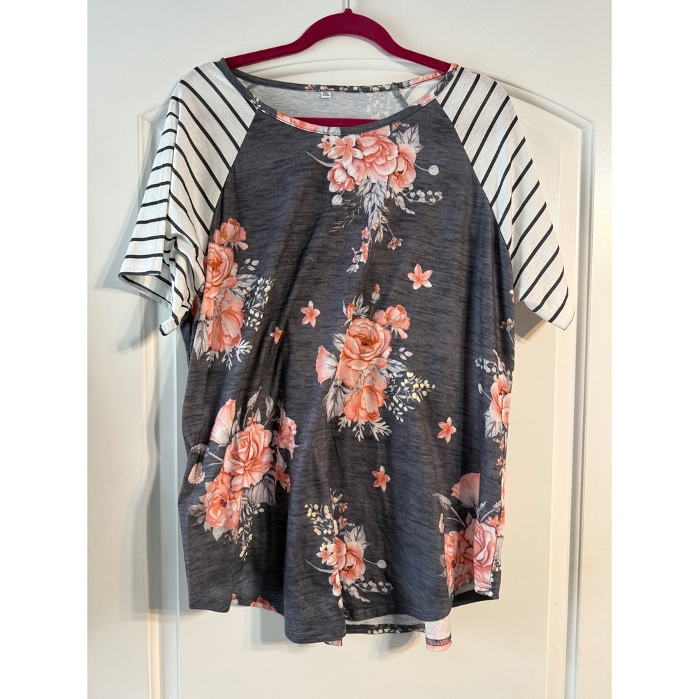 Raglan Tee 2XL Gray Floral Striped Short Sleeve Top Cottagecore Boho Casual